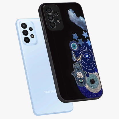 Galactic Charm Cluster Glass Case displayed in angled mockup highlighting luminous galaxy inspired design with dreamy aesthetic.