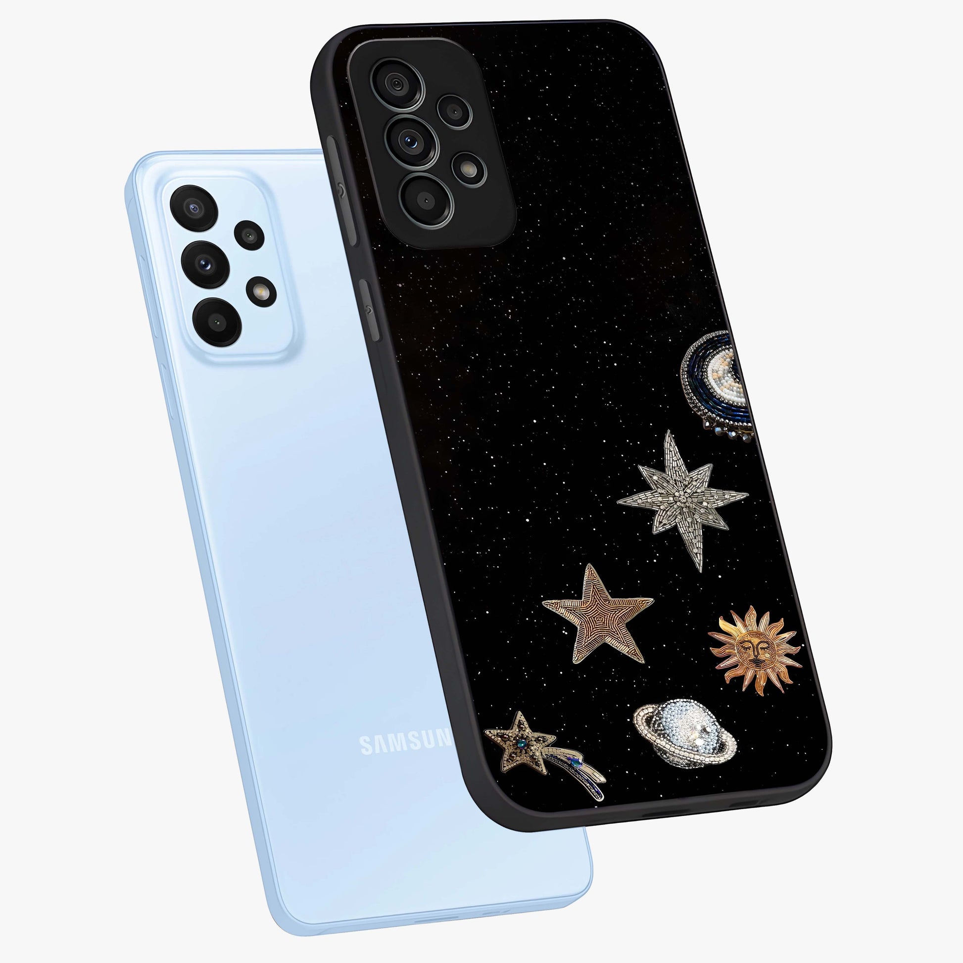 Galactic Charm Glow Glass Case displayed in angled mockup highlighting luminous galaxy inspired design with dreamy aesthetic.