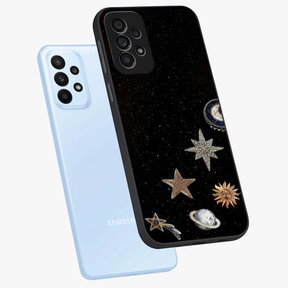 Galactic Charm Glow Glass Case displayed in angled mockup highlighting luminous galaxy inspired design with dreamy aesthetic.