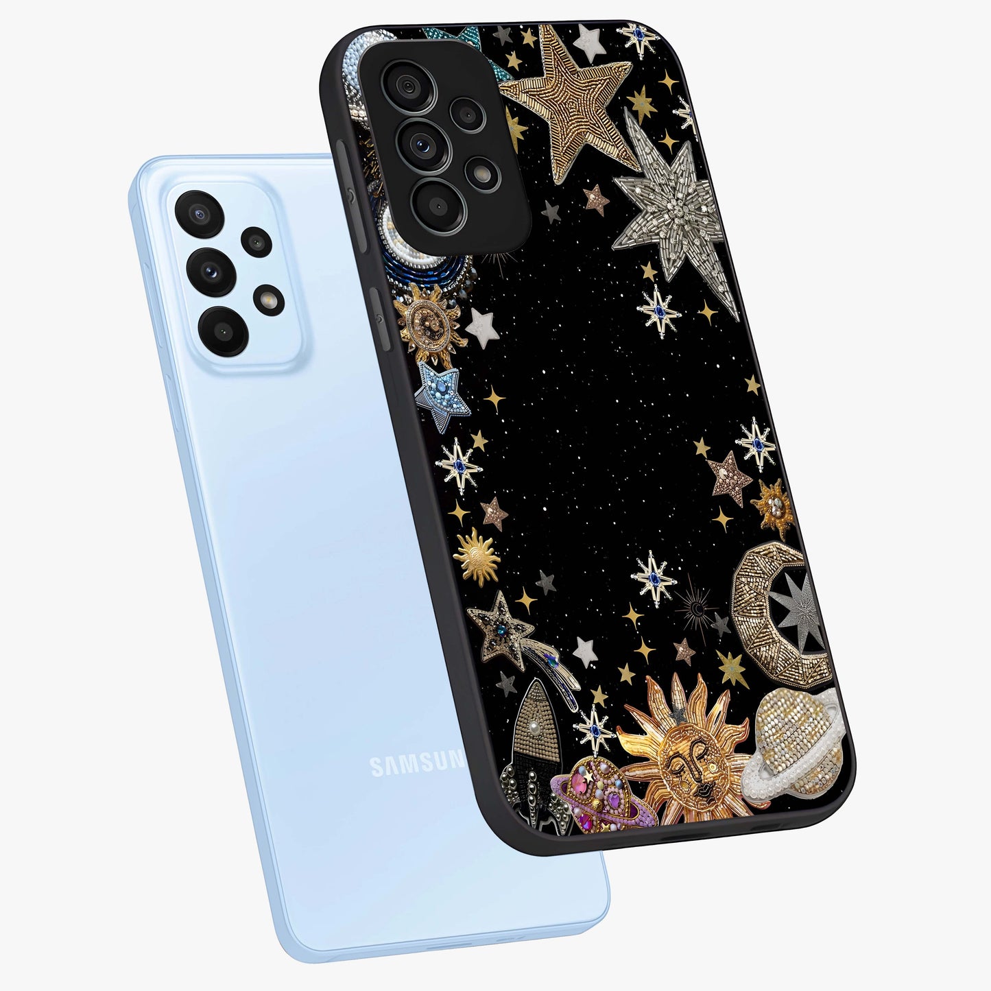Galactic Jewel Stars Glass Case displayed in angled mockup highlighting shining celestial star design with cosmic aesthetic style.