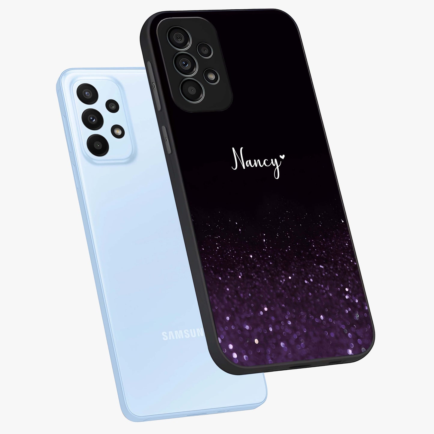 Glittery Purple Bokeh Custom Name Glass Case displayed in angled mockup highlighting glitter bokeh pattern with custom name feature.