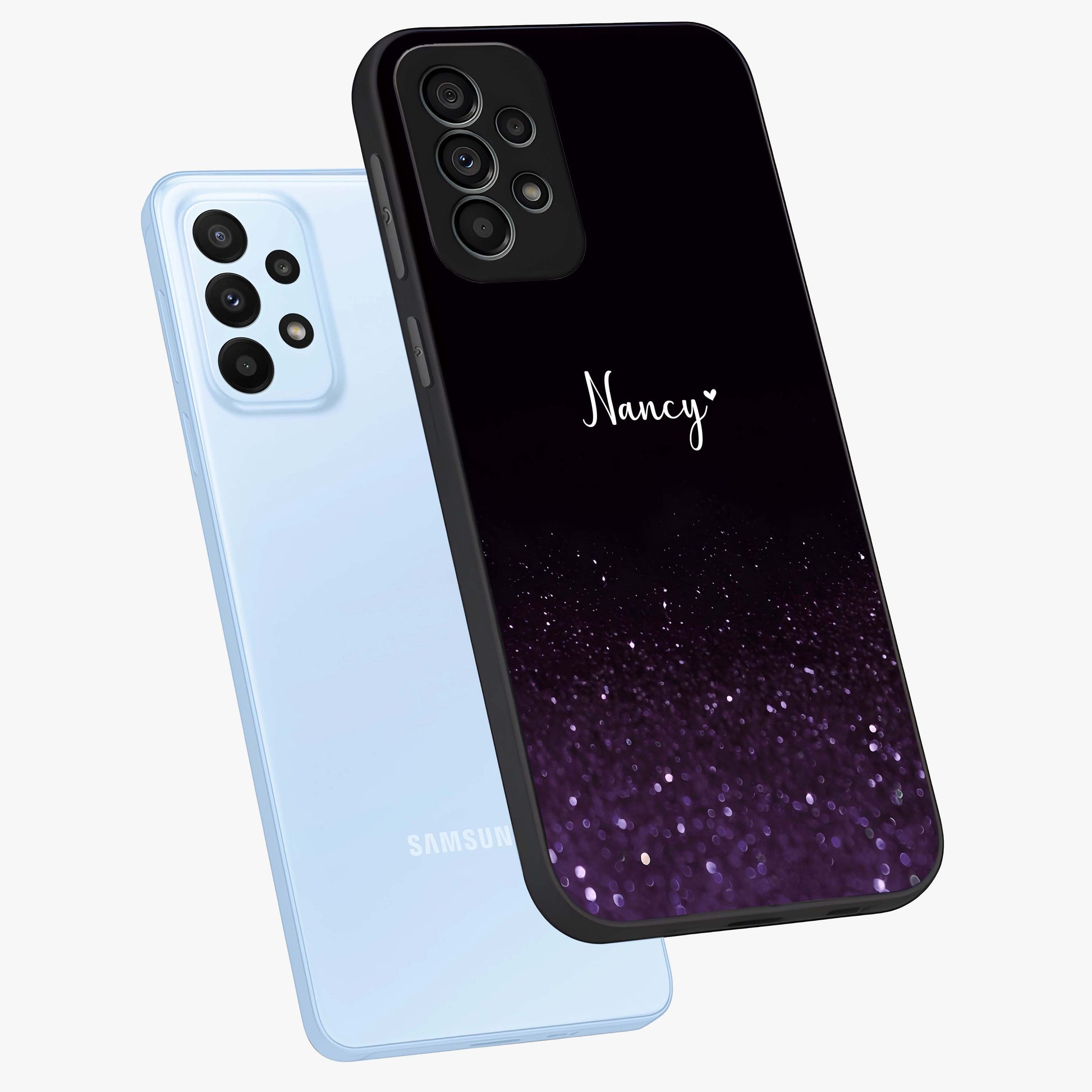 Glittery Purple Bokeh Custom Name Glass Case displayed in angled mockup highlighting glitter bokeh pattern with custom name feature.