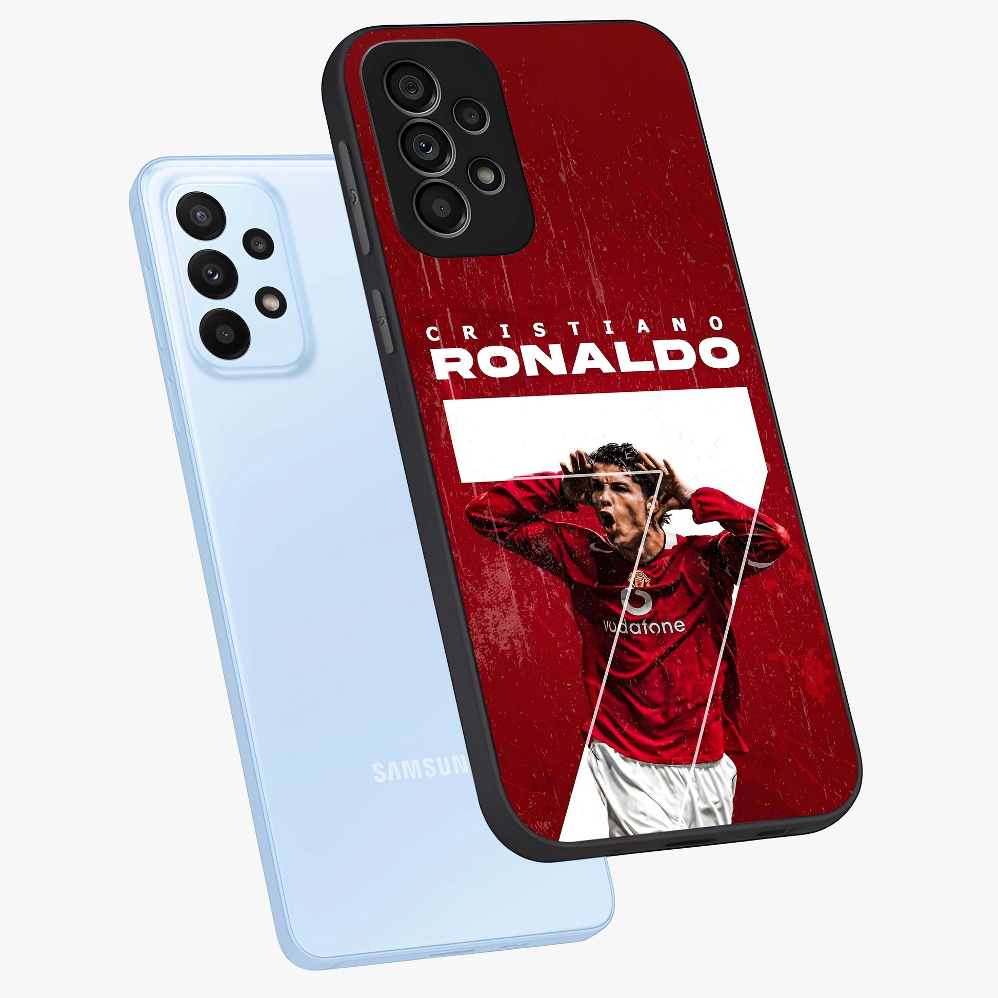 Goal Celebration Legacy Glass Case displayed in angled mockup highlighting energetic sports celebration design with bold athletic theme.