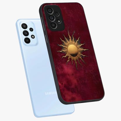 Golden Sun Minimalism Glass Case displayed in angled mockup highlighting clean sun symbol design with modern minimal aesthetic.