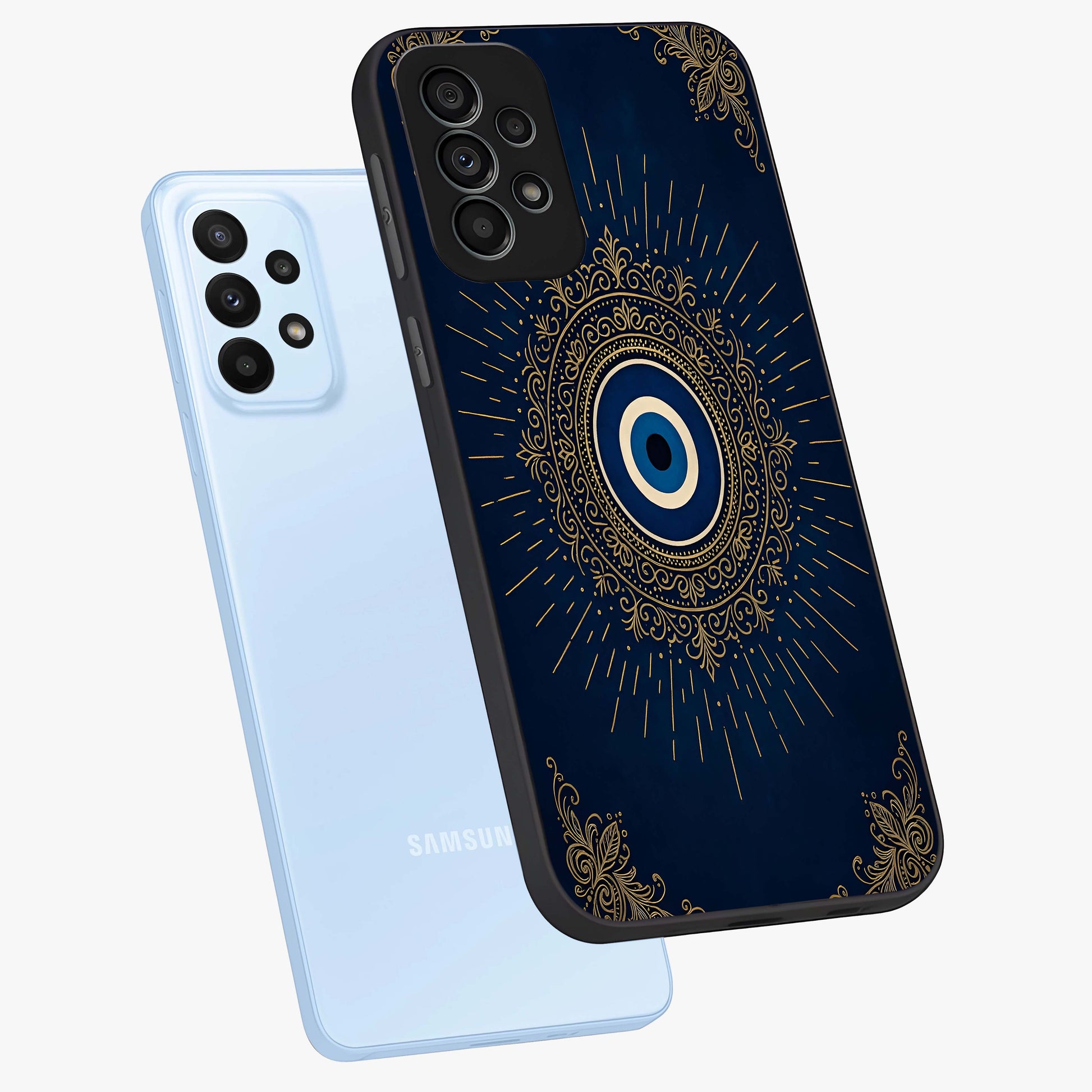 Golden Celestial Charm Glass Case displayed in angled mockup highlighting sparkling cosmic charm design with celestial aesthetic.