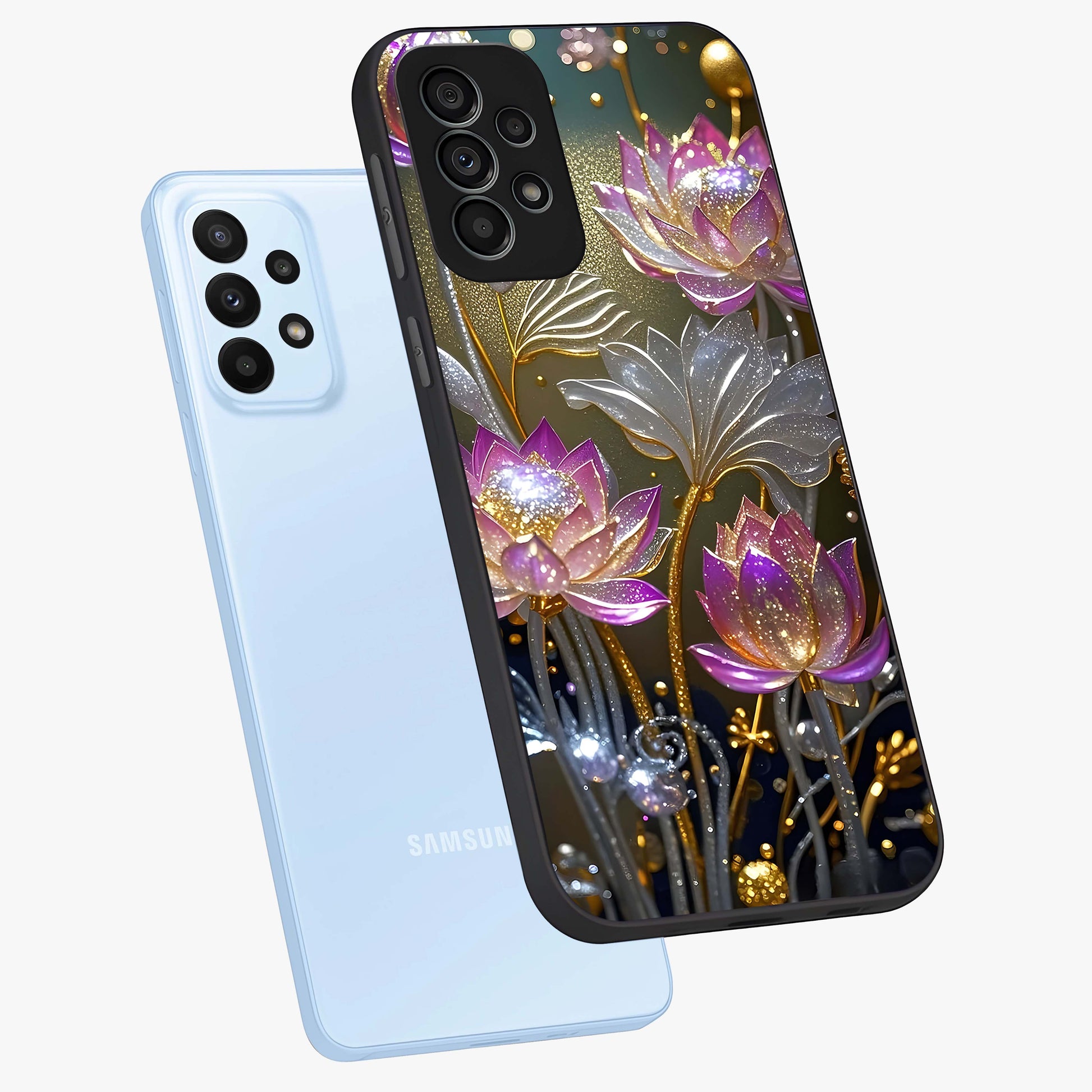 Golden Floral Majesty Glass Case displayed in angled mockup highlighting elegant flower design with royal golden aesthetic.