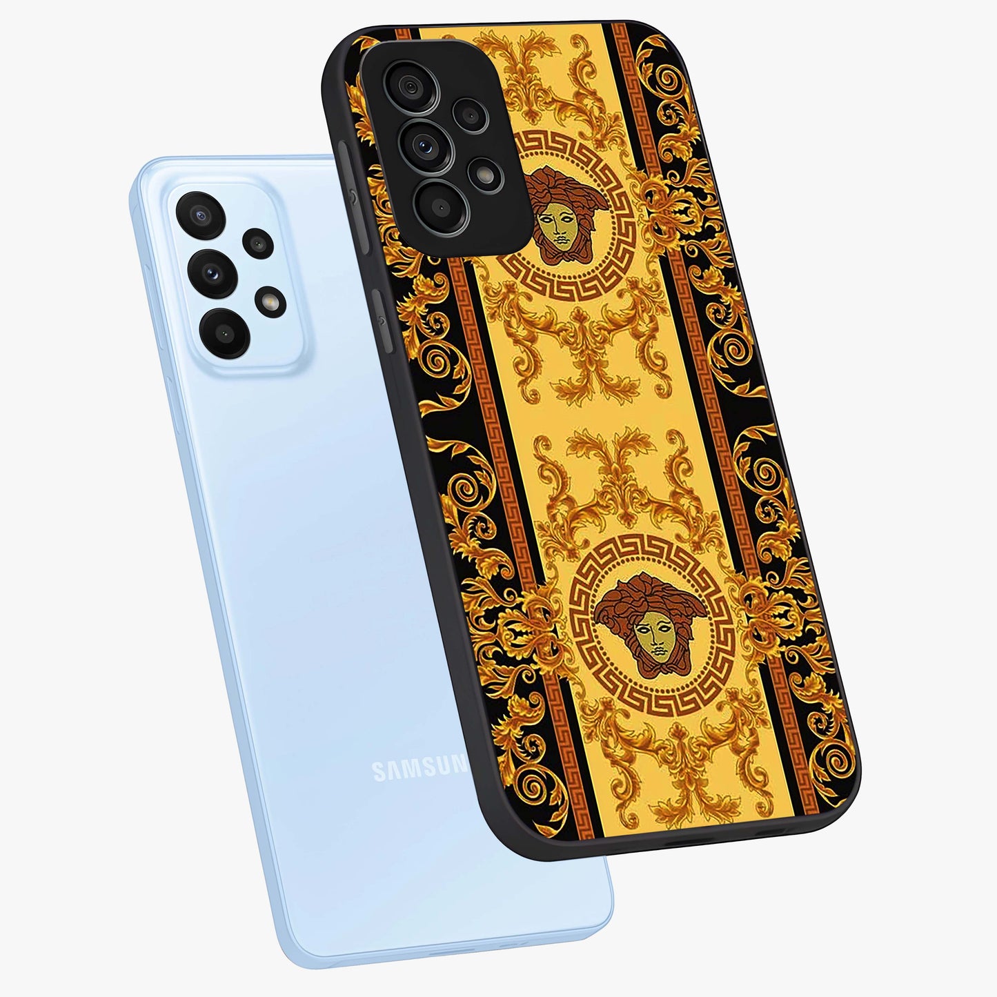 Golden Lotus Glow Glass Case displayed in angled mockup highlighting radiant lotus illustration with spiritual aesthetic.