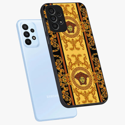 Golden Lotus Glow Glass Case displayed in angled mockup highlighting radiant lotus illustration with spiritual aesthetic.