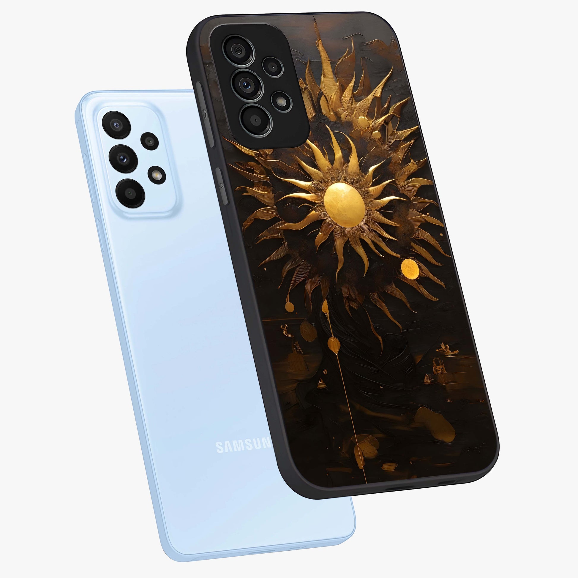 Golden Sun Majesty Glass Case displayed in angled mockup highlighting eerie shadow illustration with gothic aesthetic.