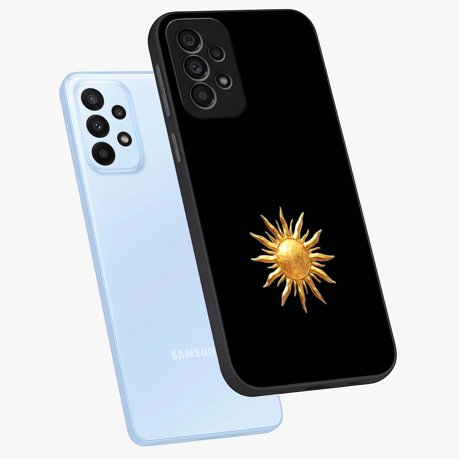 Golden Sun Minimalism Glass Case displayed in angled mockup highlighting eerie shadow illustration with gothic aesthetic.