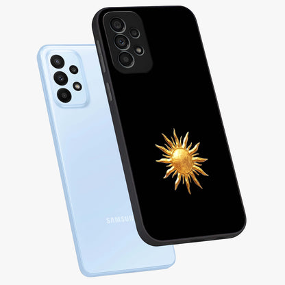 Golden Sun Minimalism Glass Case displayed in angled mockup highlighting eerie shadow illustration with gothic aesthetic.