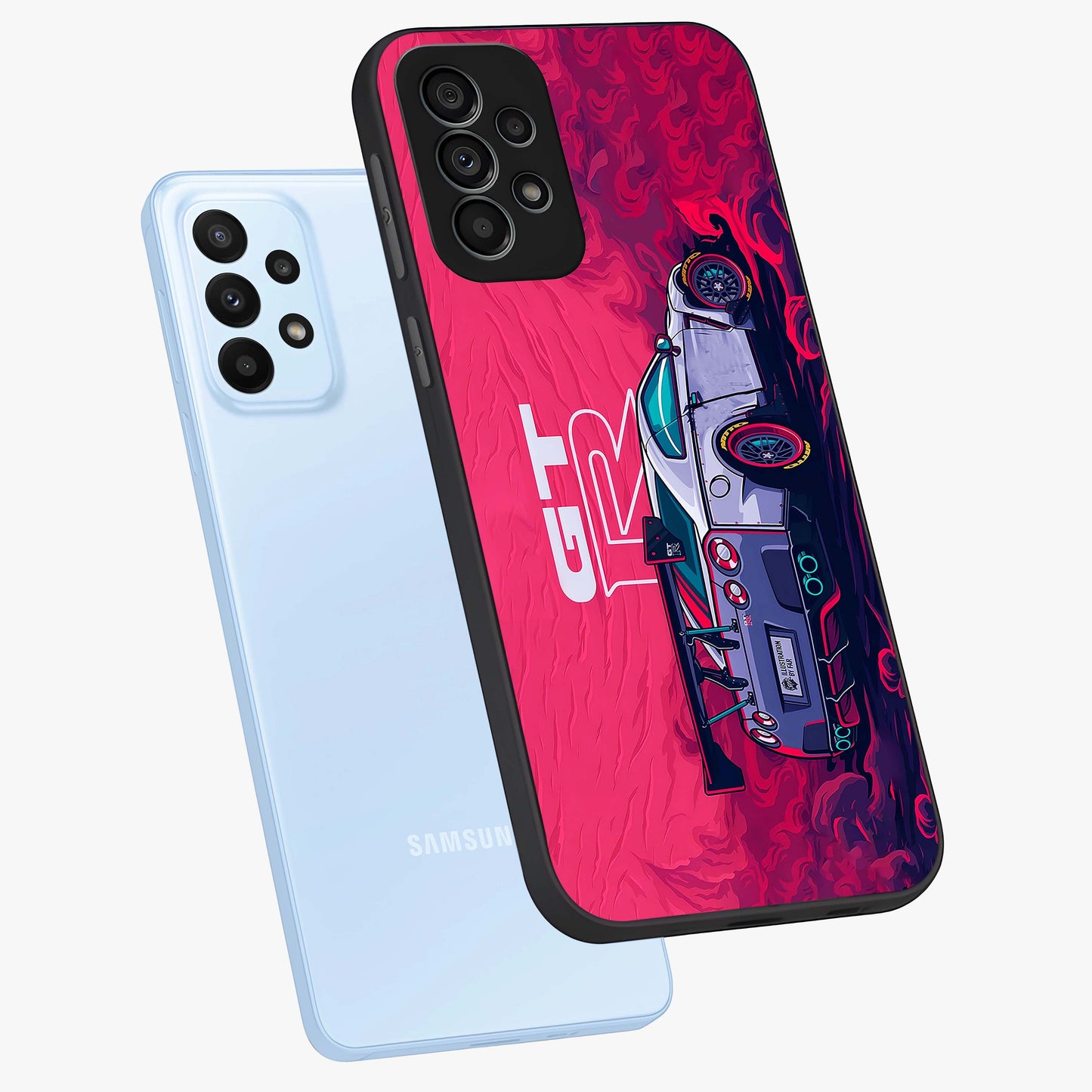 GT-R Car Pattern Glass Case displayed in angled mockup highlighting racing car graphic design with bold automotive aesthetic.