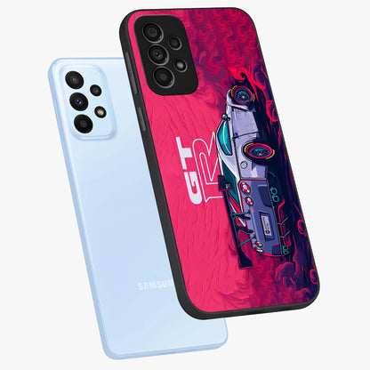 GT-R Car Pattern Glass Case displayed in angled mockup highlighting racing car graphic design with bold automotive aesthetic.