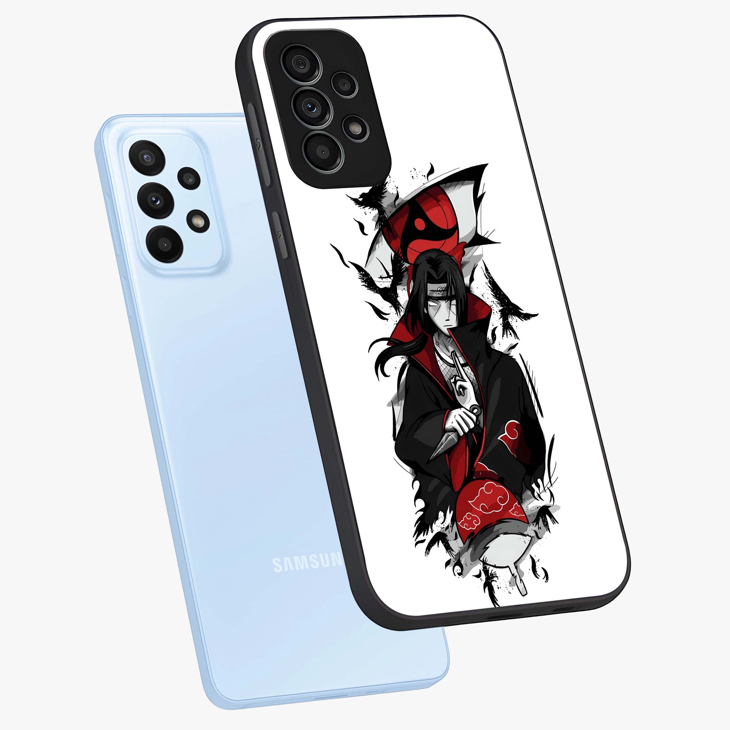 Itachi Limited Edition Naruto Anime Glass Case displayed in angled mockup highlighting dramatic anime illustration with bold action aesthetic.
