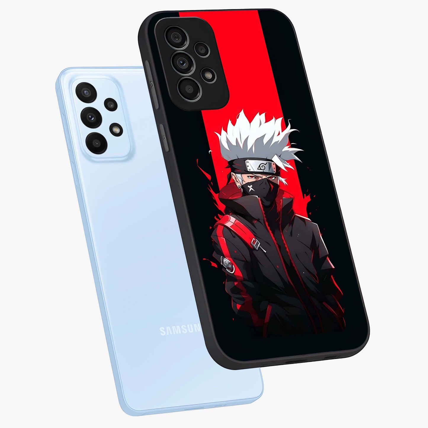 Kakashi Scarlet Shadow Glass Case displayed in angled mockup highlighting dramatic ninja illustration with scarlet themed aesthetic.