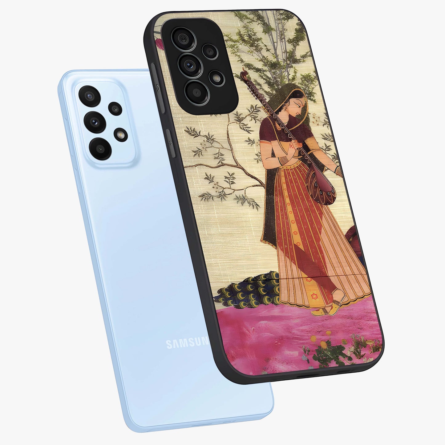 Lady With Veena Art Glass Case displayed in angled mockup highlighting graceful musical illustration with cultural artistic aesthetic.