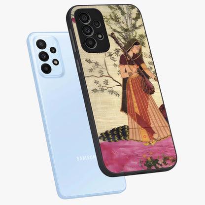 Lady With Veena Art Glass Case displayed in angled mockup highlighting graceful musical illustration with cultural artistic aesthetic.