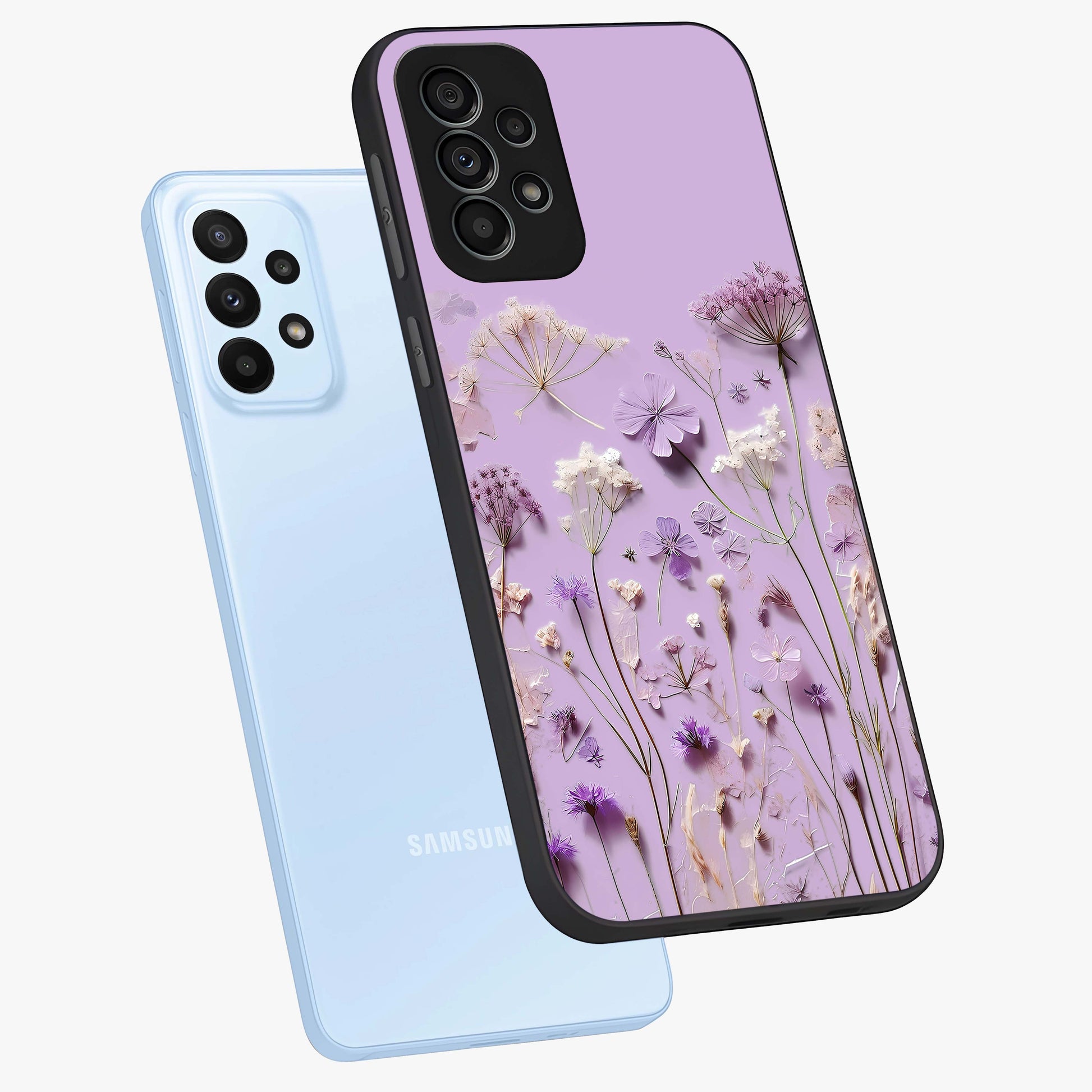Lavender Blossom Dream Glass Case displayed in angled mockup highlighting dreamy lavender flower design with calming aesthetic style.