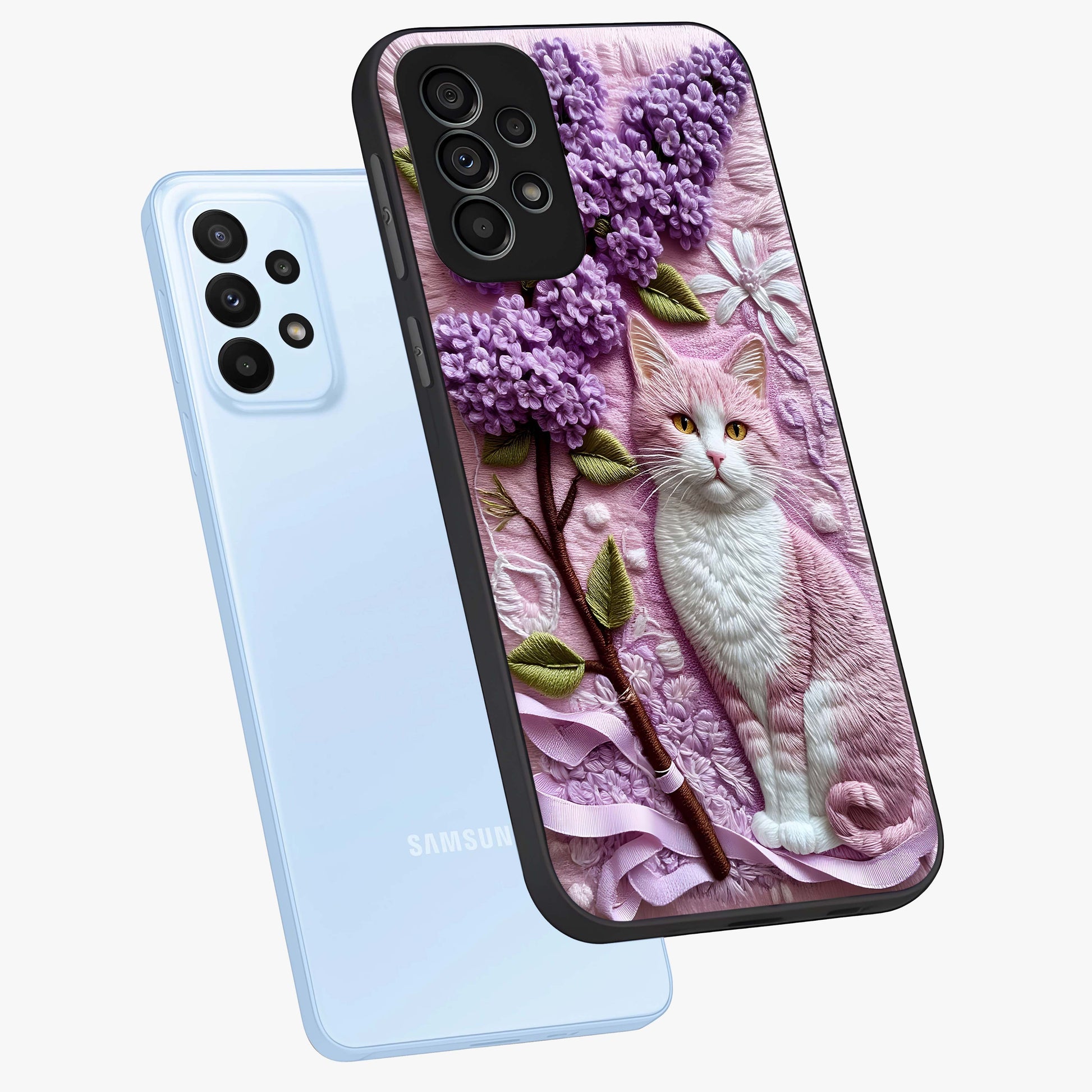 Lavender Cat Whimsy Glass Case displayed in angled mockup highlighting playful feline illustration with pastel lavender aesthetic.