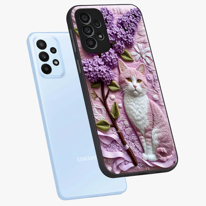 Lavender Cat Whimsy Glass Case displayed in angled mockup highlighting playful feline illustration with pastel lavender aesthetic.