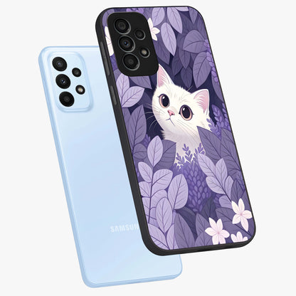 Lilac Hide Peek Cat Glass Case displayed in angled mockup highlighting playful feline illustration with lilac aesthetic design.
