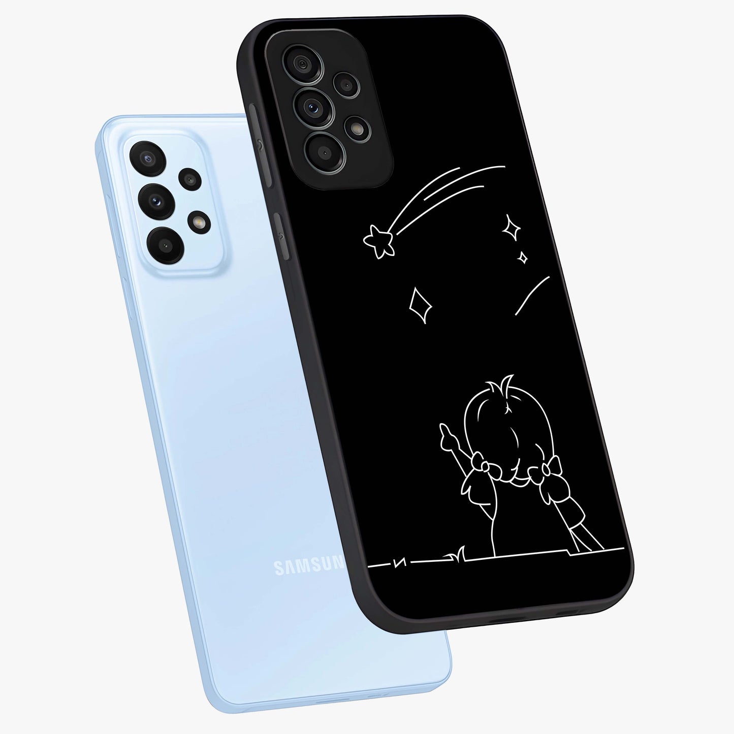 Line Art Girl With Shooting Stars Glass Case displayed in angled mockup highlighting elegant line art design with dreamy star aesthetic.