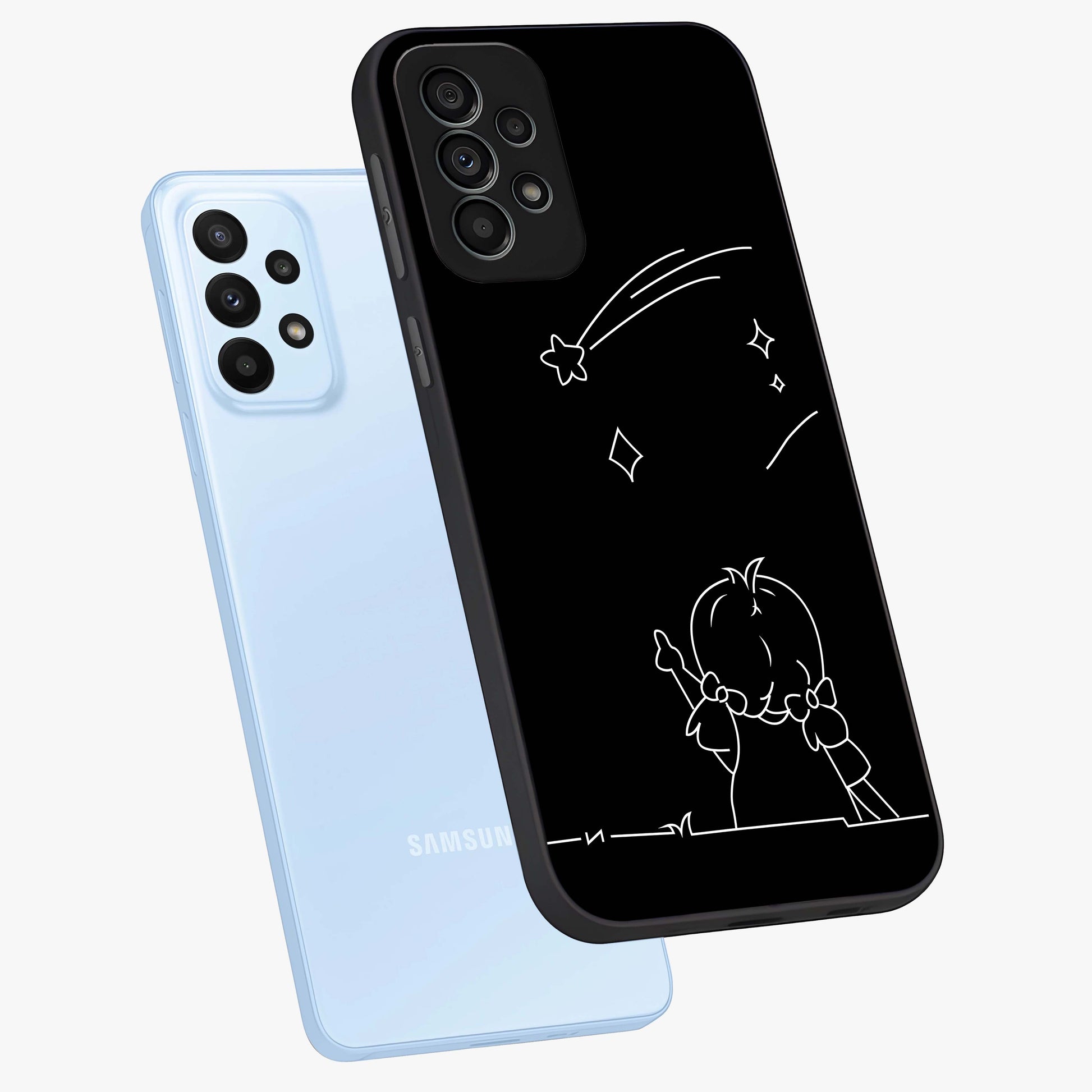 Line Art Girl With Shooting Stars Glass Case displayed in angled mockup highlighting elegant line art design with dreamy star aesthetic.