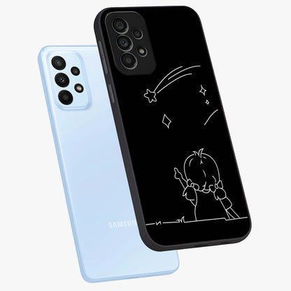 Line Art Girl With Shooting Stars Glass Case displayed in angled mockup highlighting elegant line art design with dreamy star aesthetic.