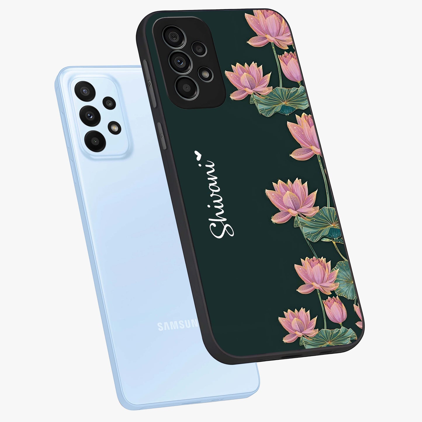 Lotus Bloom Serenity Custom Name Glass Case displayed in angled mockup highlighting graceful lotus illustration with custom name feature.