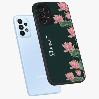 Lotus Bloom Serenity Custom Name Glass Case displayed in angled mockup highlighting graceful lotus illustration with custom name feature.
