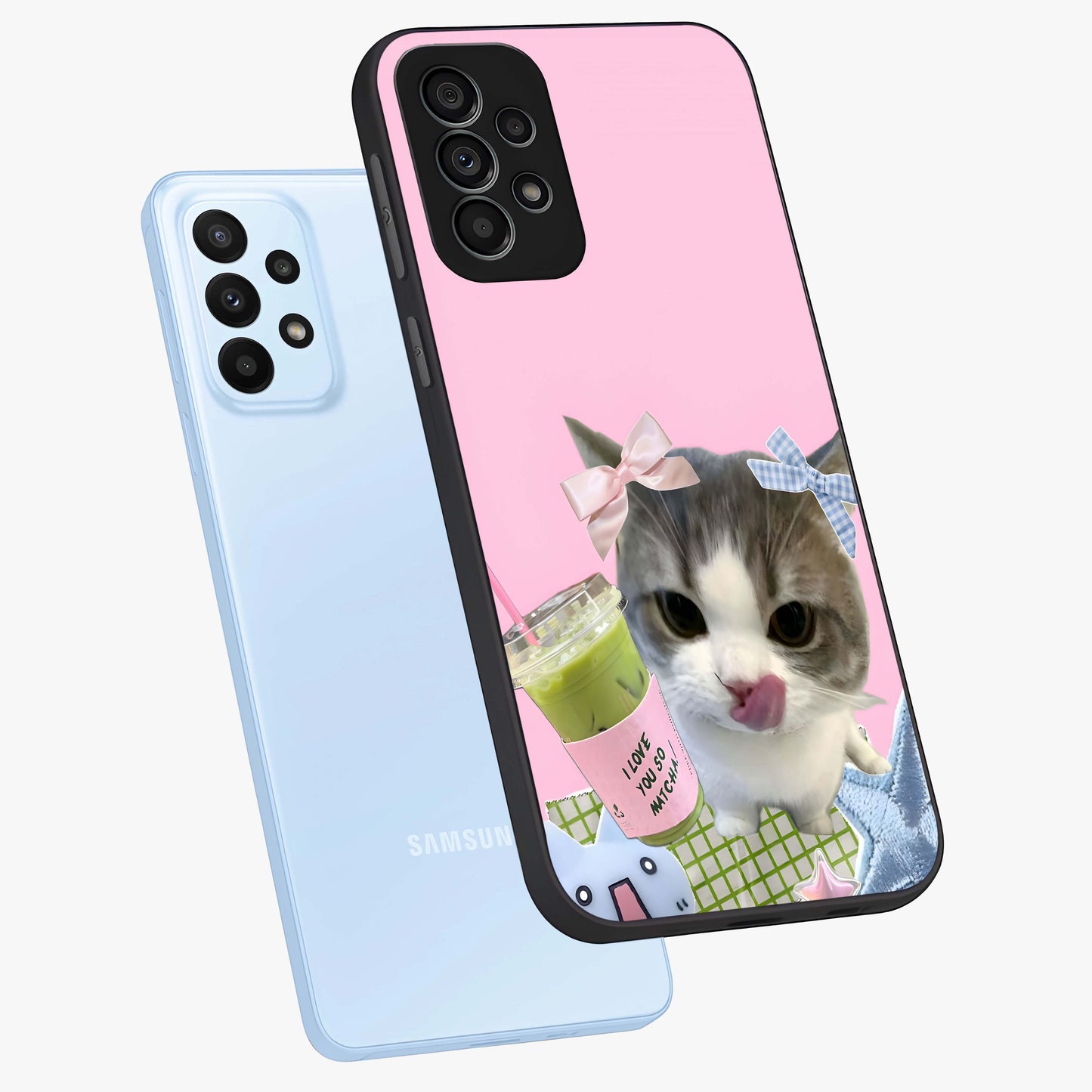 Love Matcha Cat Glass Case displayed in angled mockup highlighting playful feline illustration with cozy matcha aesthetic.