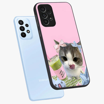 Love Matcha Cat Glass Case displayed in angled mockup highlighting playful feline illustration with cozy matcha aesthetic.