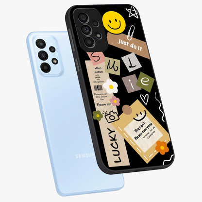 Lucky Aesthetic Collage Glass Case displayed in angled mockup highlighting stylish collage pattern with modern aesthetic vibe.