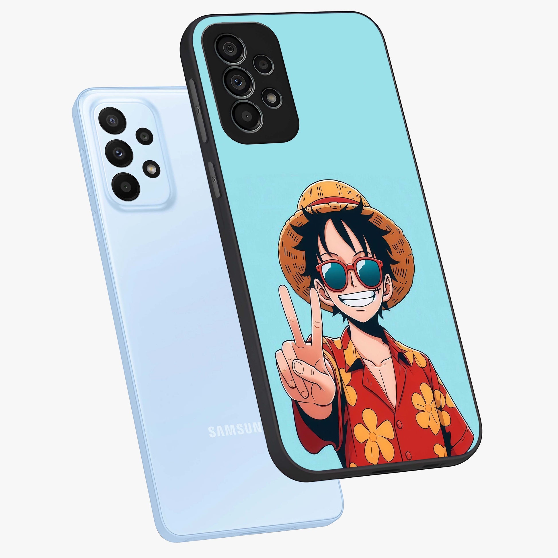 Luffy Summer Anime Vibe Glass Case displayed in angled mockup highlighting energetic anime illustration with summer vibe aesthetic.