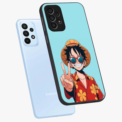 Luffy Summer Anime Vibe Glass Case displayed in angled mockup highlighting energetic anime illustration with summer vibe aesthetic.