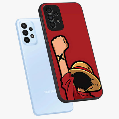 Luffy X Spirit Glass Case displayed in angled mockup highlighting powerful anime design with energetic action aesthetic.
