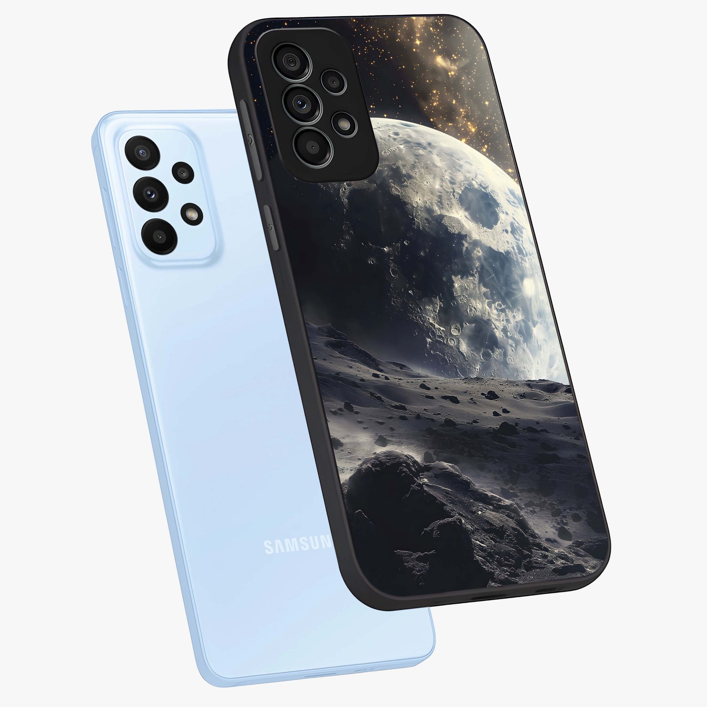 Lunar Horizon Glow Glass Case displayed in angled mockup highlighting celestial moon design with dreamy night aesthetic.