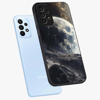 Lunar Horizon Glow Glass Case displayed in angled mockup highlighting celestial moon design with dreamy night aesthetic.