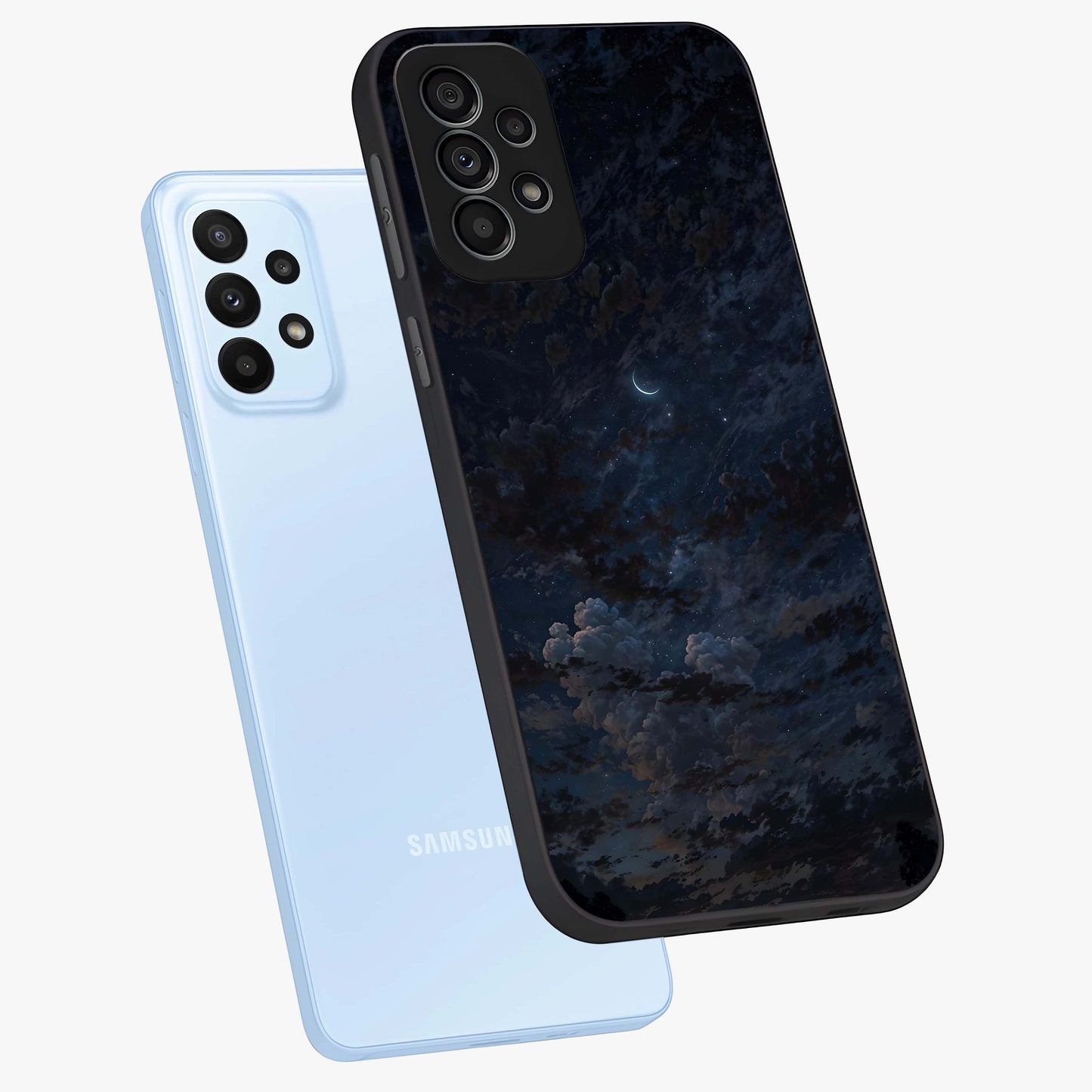 Lunar Veil Silence Glass Case displayed in angled mockup highlighting soft lunar design with peaceful celestial aesthetic.