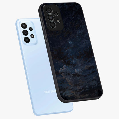Lunar Veil Silence Glass Case displayed in angled mockup highlighting soft lunar design with peaceful celestial aesthetic.