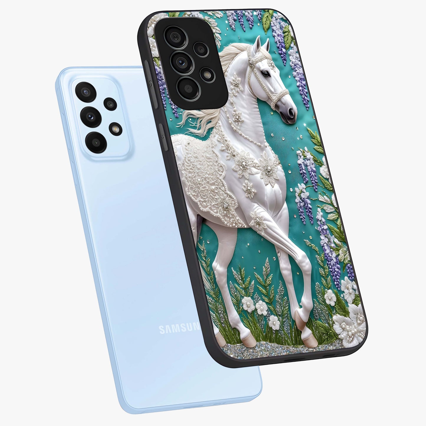 Majestic Floral Stallion Glass Case displayed in angled mockup highlighting majestic stallion illustration with elegant floral aesthetic.