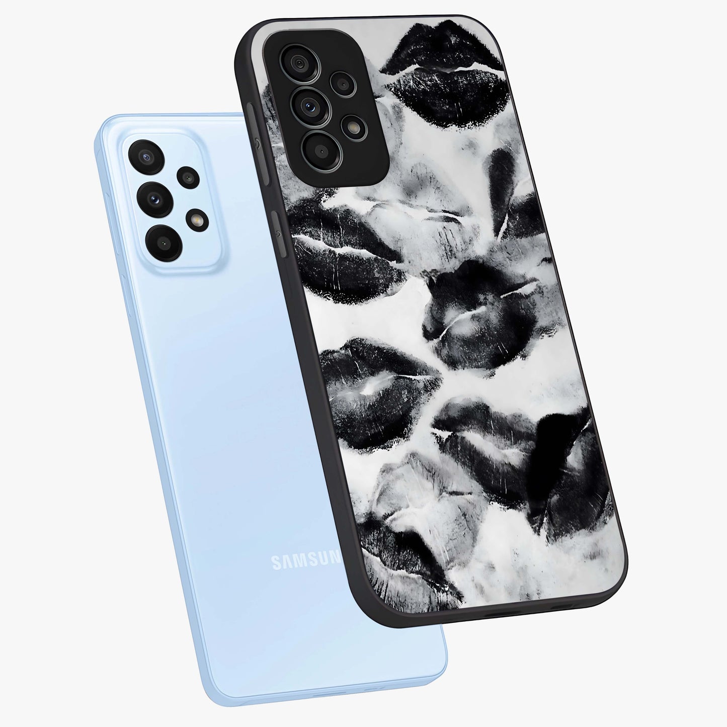 Midnight Kiss Marks Glass Case displayed in angled mockup highlighting playful romantic design with bold midnight aesthetic.