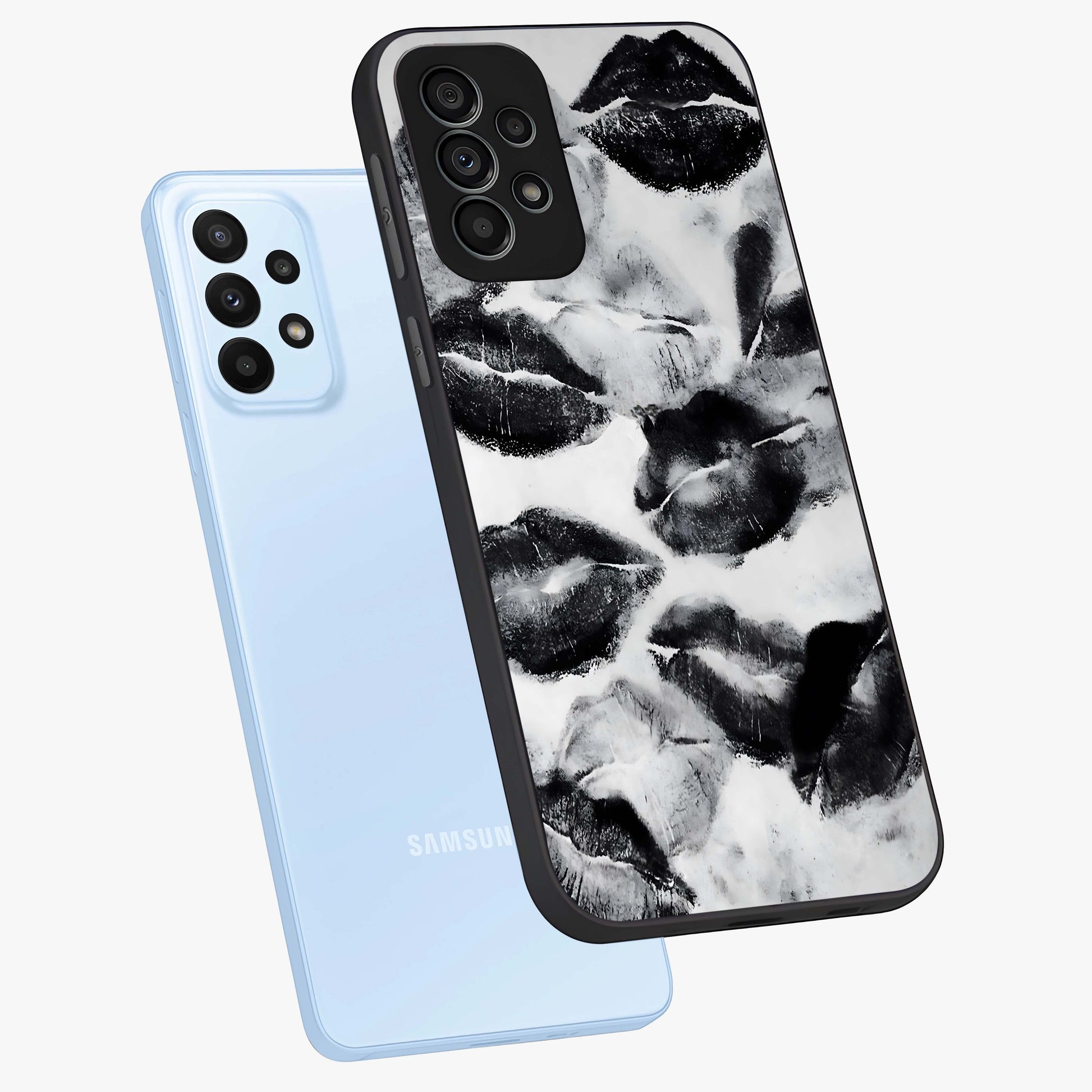 Midnight Kiss Marks Glass Case displayed in angled mockup highlighting playful romantic design with bold midnight aesthetic.
