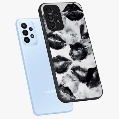 Midnight Kiss Marks Glass Case displayed in angled mockup highlighting playful romantic design with bold midnight aesthetic.