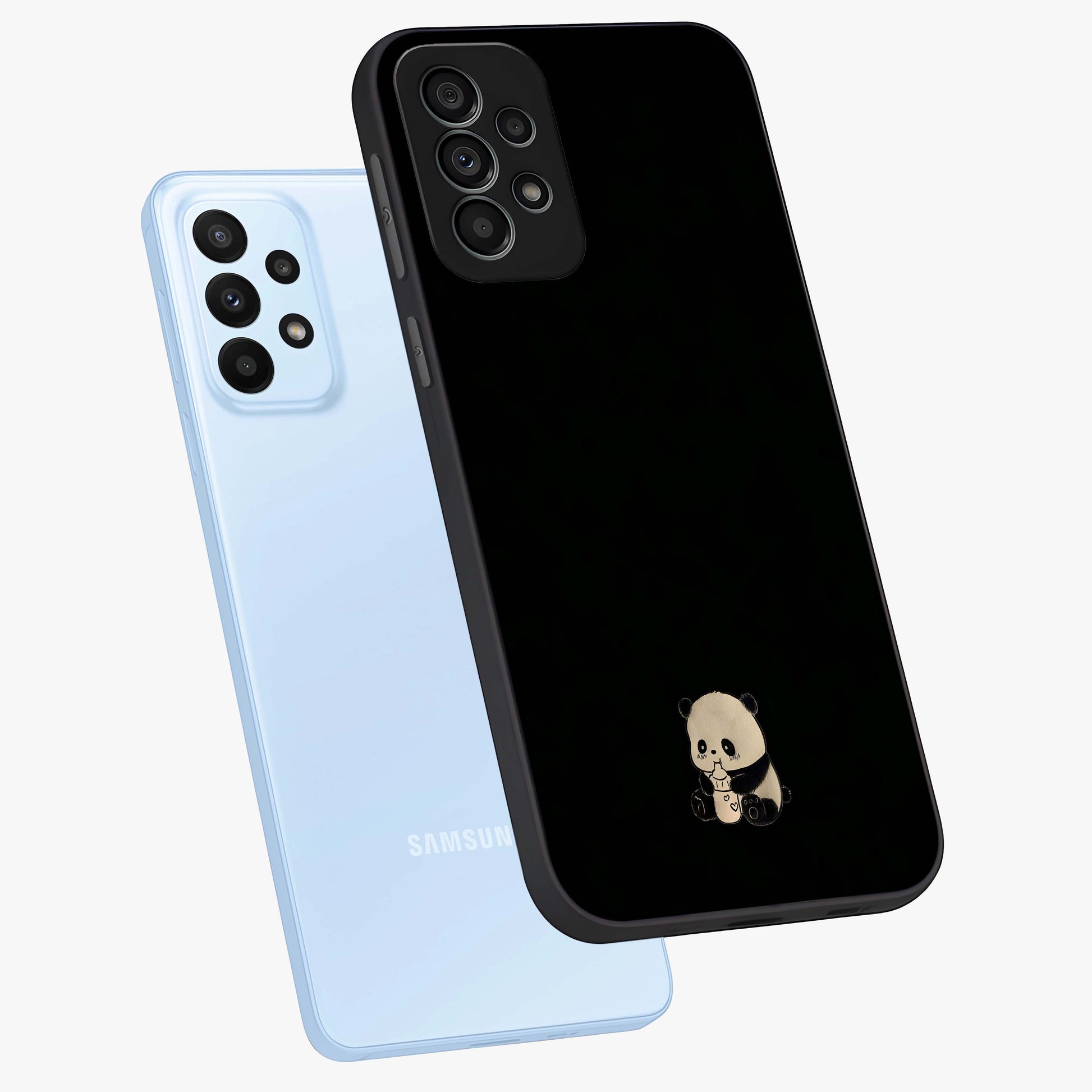 Midnight Panda Love Glass Case displayed in angled mockup highlighting adorable panda illustration with midnight aesthetic.