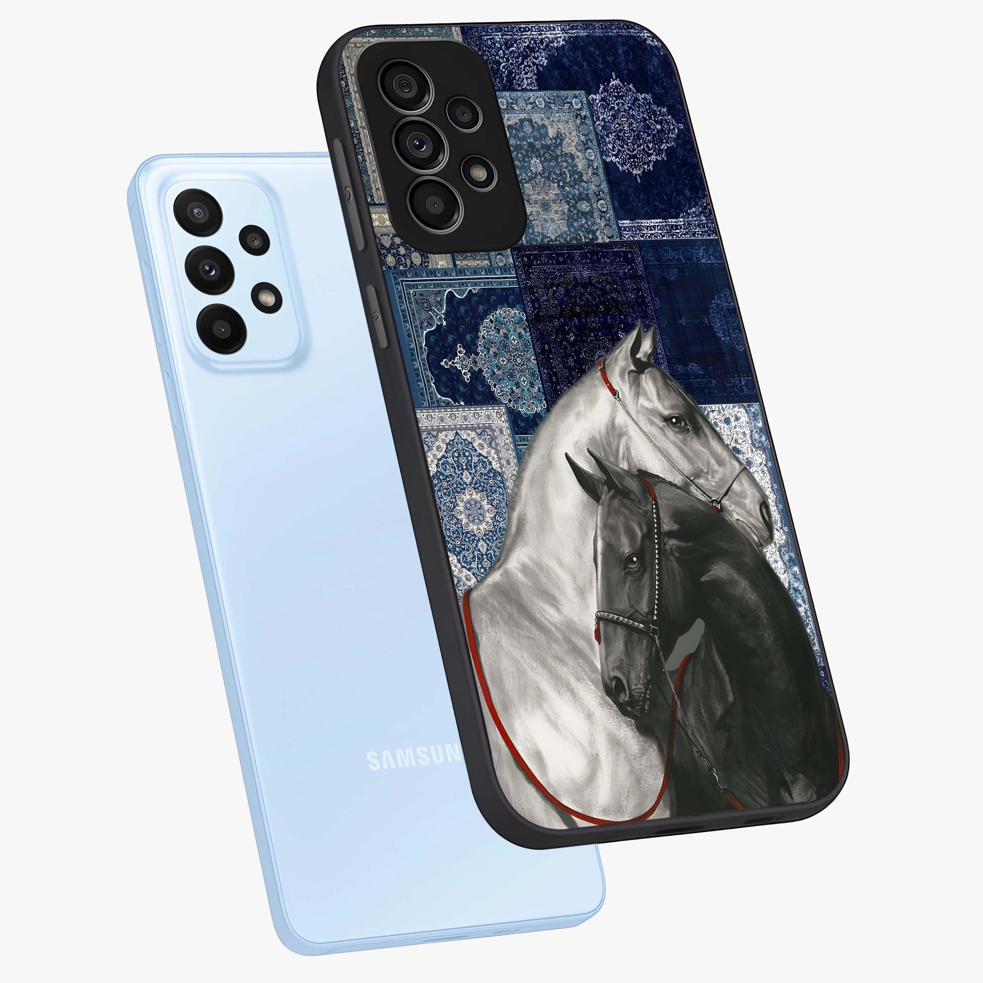 Midnight Stallion Blues Glass Case displayed in angled mockup highlighting powerful stallion illustration with deep midnight tones.