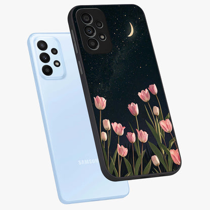Midnight Tulip Whispers Vibe Glass Case displayed in angled mockup highlighting delicate tulip design with midnight floral aesthetic.