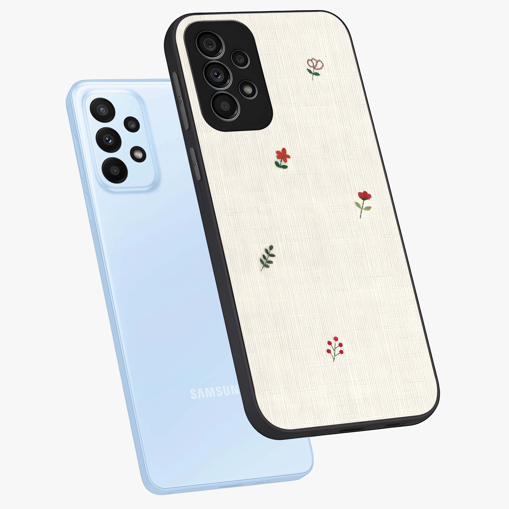 Minimalistic Blue With White Flower Pattern Glass Case displayed in angled mockup highlighting simple floral design with minimal aesthetic.