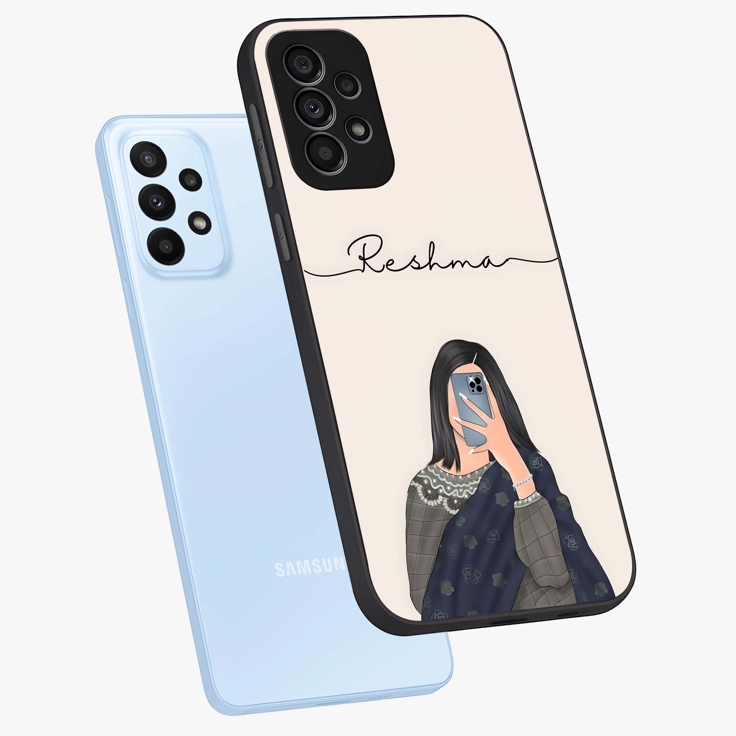 Mirror Mood Muse With Custom Name Glass Case displayed in angled mockup highlighting aesthetic mirror inspired design with custom name feature.