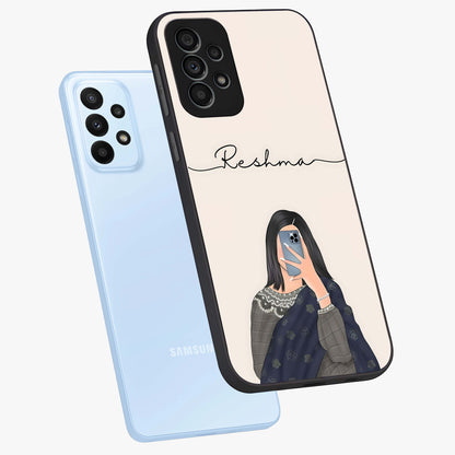 Mirror Mood Muse With Custom Name Glass Case displayed in angled mockup highlighting aesthetic mirror inspired design with custom name feature.